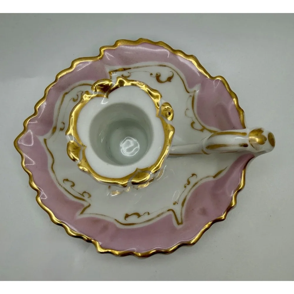 Antique Porcelain Chamberstick Candle Holder Pink Gold Gilt Finger Loop Mold 16